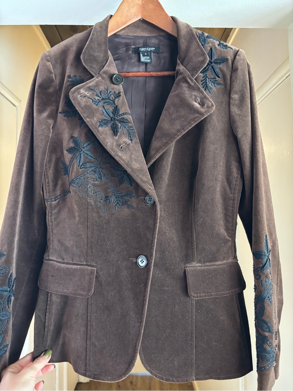 Karen Kane Brown Velvet Blazer with Navy Floral Embroidery